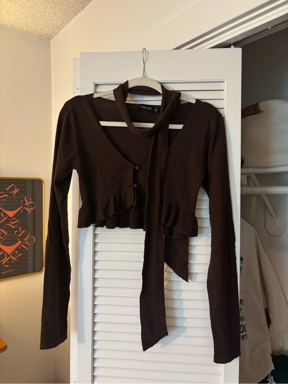 Tiger Mist Brown Tie-Neck Ruffle Cropped Long Sleeve